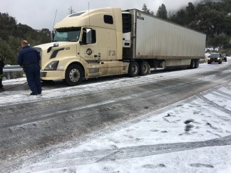 This truck was traveling without chains westbound on Mill Potrero Highway Saturday morning about 9 a.m. It got stuck on the incline at Voltaire in Pine Mountain Club. It was cleared to the side of the road within an hour.  Always have your chains in your vehicle during this winter season! Peter Lamberto of the Pine Mountain community sent this photo.