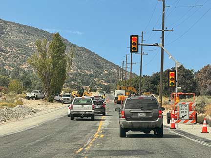 Temporary traffic lights installed on Frazier Mountain Park Road during culvert replacement
