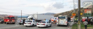 The scene in Lebec after Kristina (Fort) Foss crashed the ambulance she had taken, killing herself and Nelson Martinez, driver of the tractor trailer that was in her path. [photo by Gary Meyer]