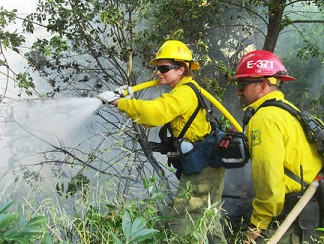 U.S. Forest Service firefighters hose down flames along Lebec Road. Working the firehose is Susanne Green, former employee at The Mountain Enterprise. [photo by Gary Meyer]