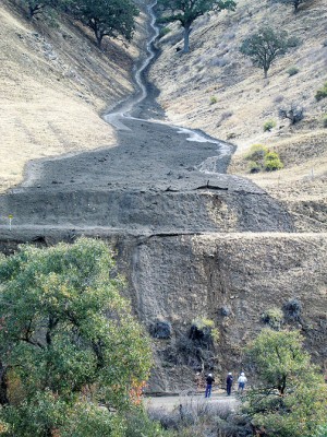 The morning after mudslides shut down Interstate 5 for 24 hours, Caltrans engineers assessed slopes for more public safety hazards. [photo by Gary Meyer, The Mountain Enterprise. May not be reproduced or distributed without prior permission.]