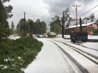 Peter Bogdanoff of Piñon Pines took this photo at about 4:20 p.m., Saturday, May 25, 2019 showing the surprising amount of hailstones that fell there and in Lockwood Valley. --See next photo--