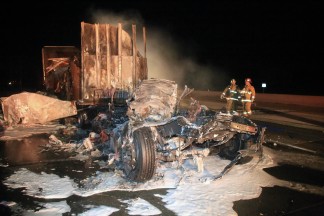 Multiple big rigs crashed early Thursday morning between 2 and 3 a.m. on the Interstate 5 between Lebec and the Grapevine exit. All the vehicles and their contents were destroyed. One driver was transported by ambulance. [Jeff Zimmerman photos]