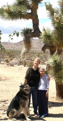 Linda MacKay with her 96-year-old mom, Alice, and her pup in Joshua Tree. [MacKay family photo]