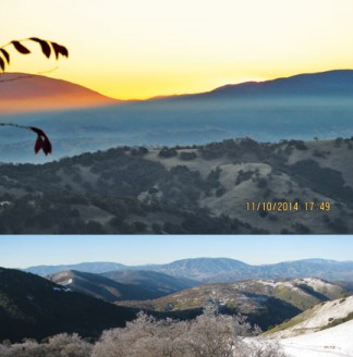 These pictures show Frazier Mountain (center) and Tecuya Ridge (right) from a Tejon Ranch site at 6,000 feet, overlooking Lebec and the I-5. The top shows the pollution originating in the San Joaquin Valley and piling up against the mountains, then pushing into the I-5 Grapevine corridor. The freezing winter photo shows crystal clear air, Lumsden says, when woodburning in the Mountain Communities would be at its maximum, but the skies are clear. [photos by Jim Lumsden]