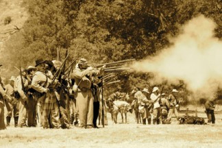 The North and the South squared off on Sunday in Lebec’s Fort Tejon State Historic Park. Hundreds watched and learned about America’s bloodiest war. [photo by Jeff Zimmerman]