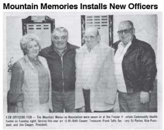 Thirty years ago, these fine citizens were installed as officers of Mountain Memories; (l-r) Beth Cooper, Frank Toth, Ed Perine and Jim Cooper.