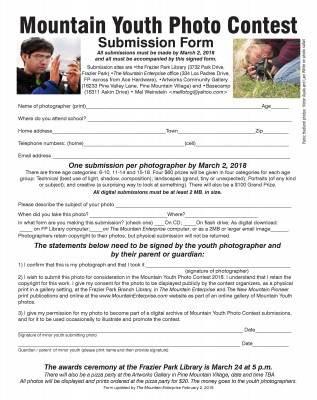 Double click for full size, printable form. This contains all the information you need to submit a digital photo to the Mountain Youth Photo Contest. Please be sure your photos are at least 2MB in size, for a beautiful print for display.