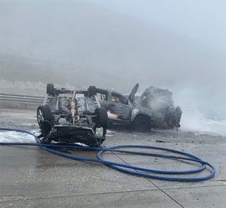 Overturned vehicles on southbound Interstate 5 just north of Gorman. [photo by CHP]