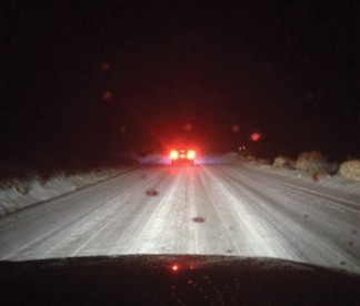 Rebecca Catterall sent this image from Cuddy Valley Road, as her husband drove at 2 miles per hour to try to get to safety. The road was closed for several hours. Kern County Roads Department was slow to spread cinders.
