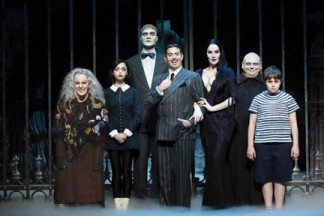 (l-r), Grandma, Wednesday, Lurch, Gomez (Jesse Easely aka Jesse Sharp), Morticia, Uncle Fester and Pugsley are beckoning. [Addams Family photo]