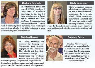 Four candidates are running for the El Tejon Unified School District school board. Three of them have introduced themselves to you in this forum. [photos by Gary Meyer and Patric Hedlund]
