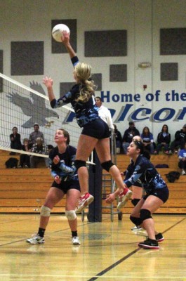 Falcon player Rachel Rivette dominated from the air. [photo by Cliff Coleman]