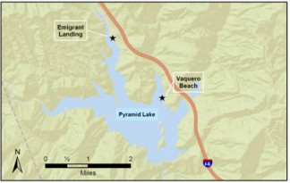 Pyramid Lake's Emigrant Landing and Vaquero beaches are now open to swimming. DWR lowered the advisory level after detecting a reduced amount of microcystins for a second consecutive week at Pyramid Lake. [Department of Water Resources map]