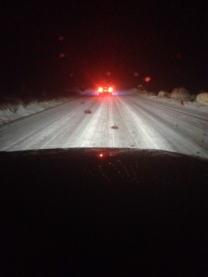 Rebecca Catterall is inching down Frazier Mountain Park Road at 7:17 p.m. She reports the road is icy and without cinders. Cuddy Valley Road was closed due to the number of cars in trouble.
